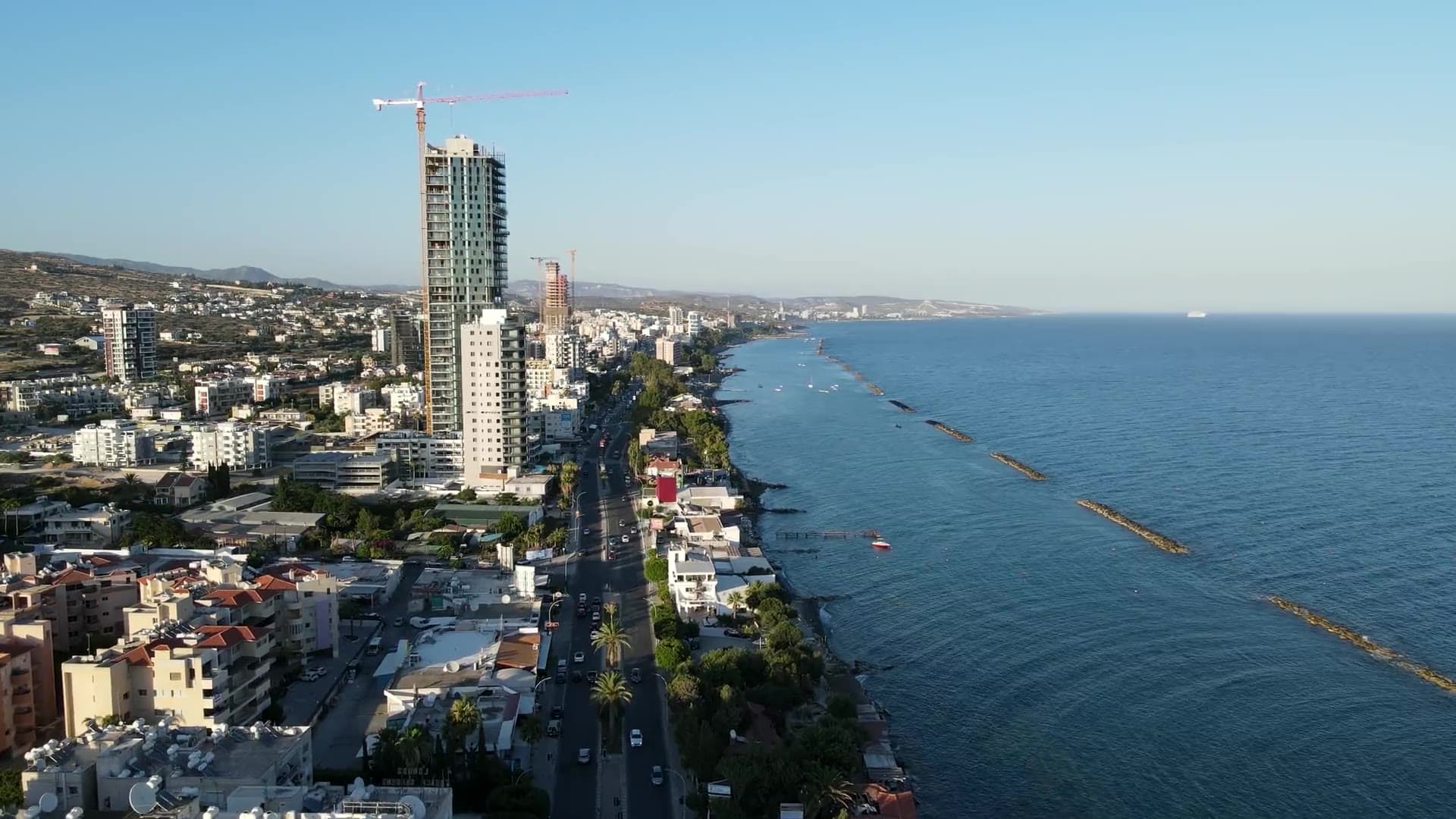 Aerial view of the Limassol seafront at golden hour